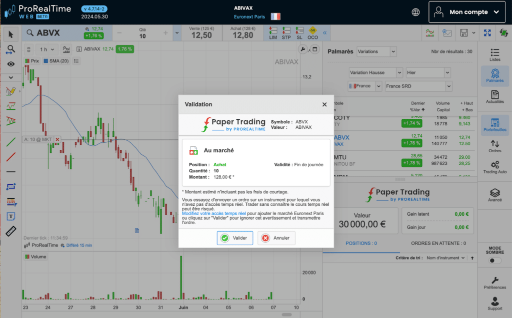 Aperçu de la fonctionnalité Paper Trading de ProRealTime