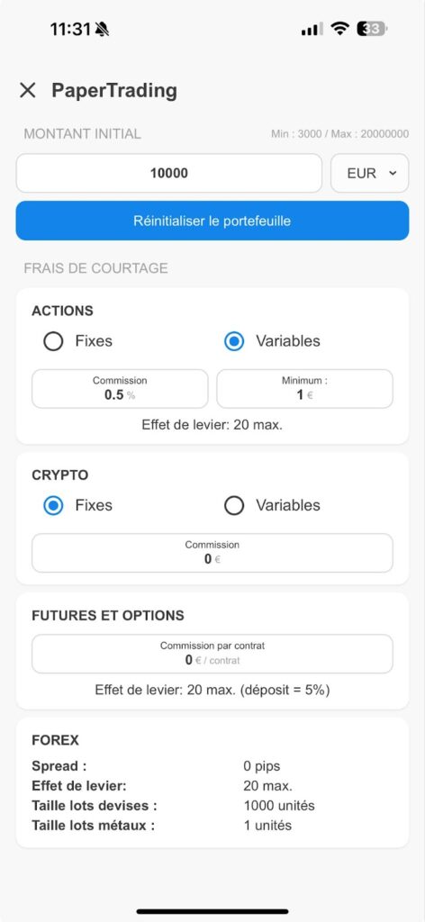 Application mobile de ProRealTime, paramétrage du compte PaperTrading