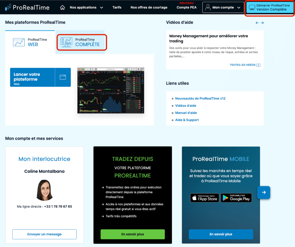 Écran d'accueil de l'espace client ProRealTime