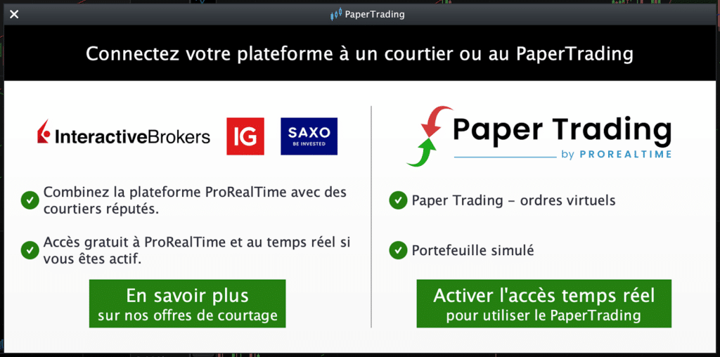 Connecter ProRealTime à un courtier ou au PaperTrading