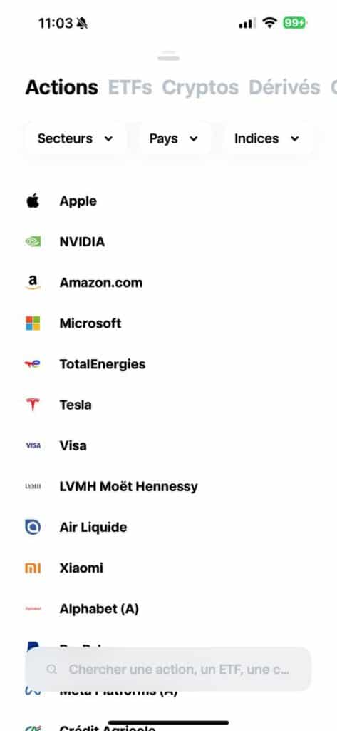 Sélection de titres application Trade Republic